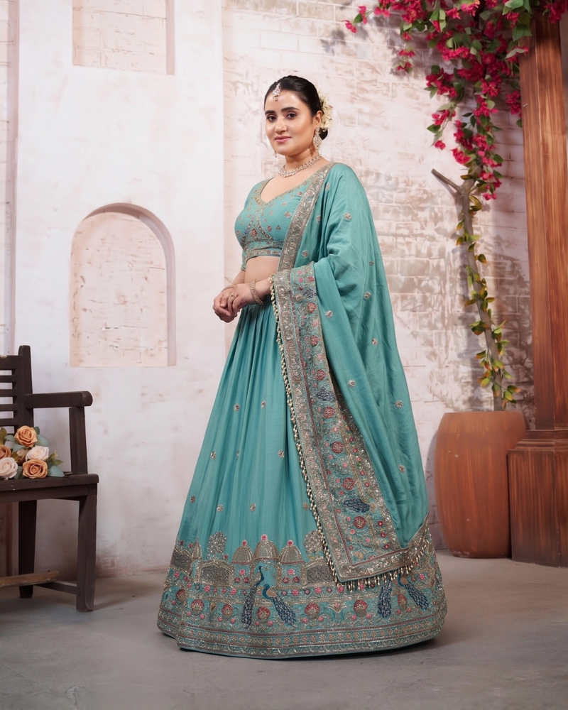 Jade Green Festive Silk Crush Lehenga Choli
