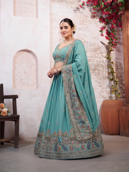 Jade Green Festive Silk Crush Lehenga Choli