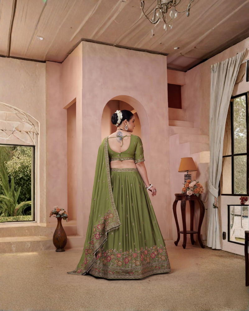 Olive Green Silk Traditional Lehenga Set