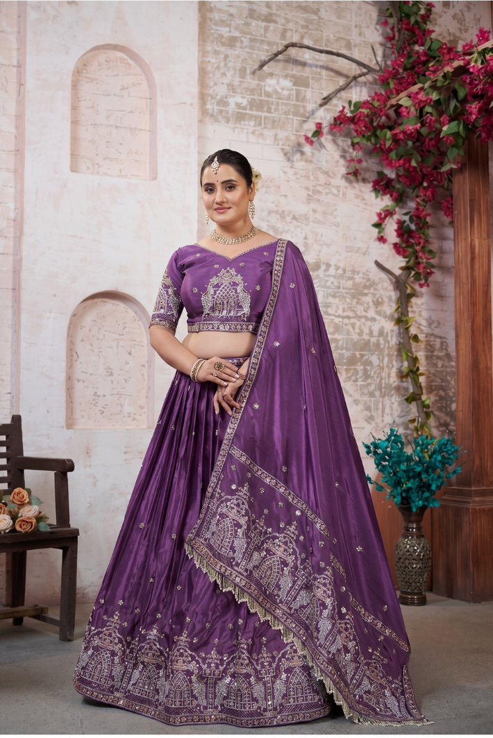 Purple HO Silk Festive Embroidered Lehenga