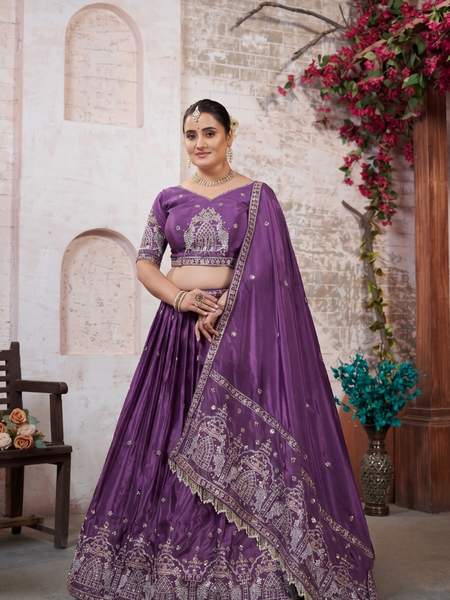 Purple HO Silk Festive Embroidered Lehenga
