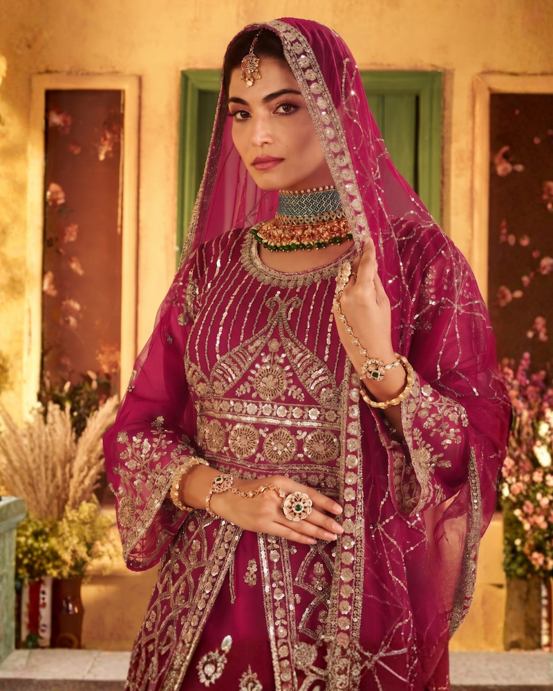 Rani Traditional Sindoor Satin Embroidered Lehenga Set