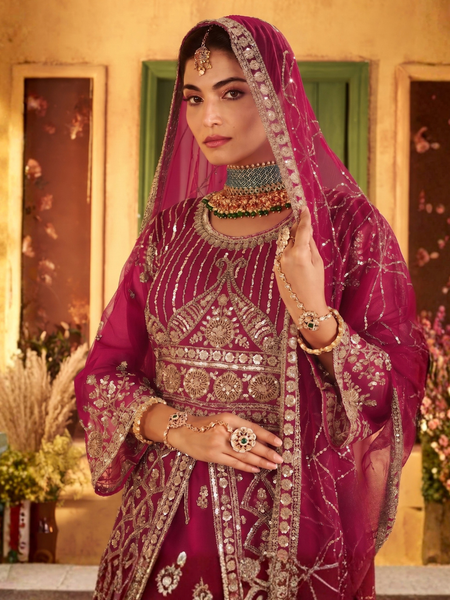 Rani Traditional Sindoor Satin Embroidered Lehenga Set