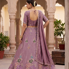 Golden Wedding Wear Sindoor Satin Embroidered Lehenga