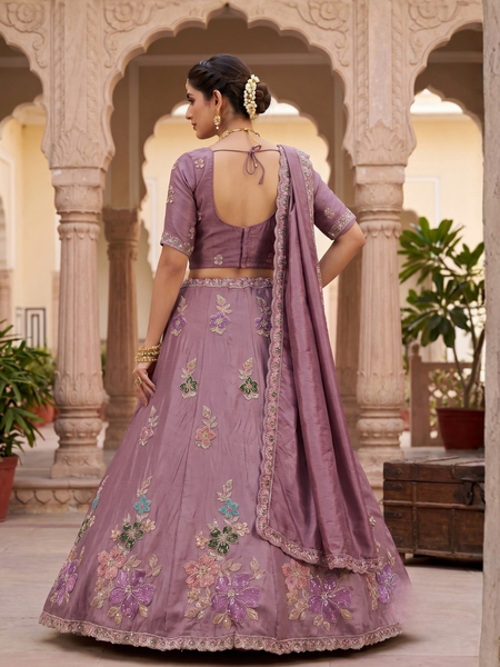 Golden Wedding Wear Sindoor Satin Embroidered Lehenga