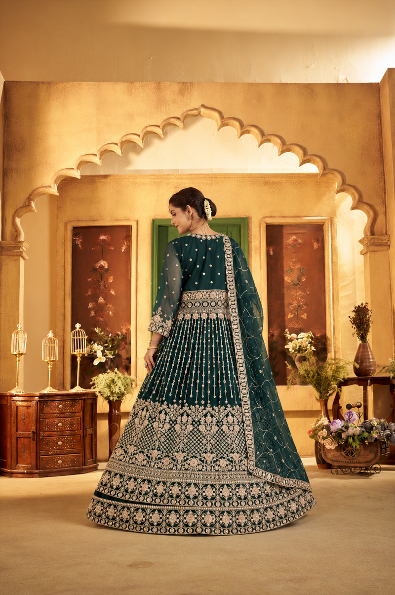Green Festive Satin Embroidered Lehenga Set