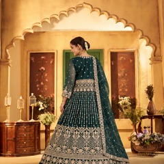 Green Festive Satin Embroidered Lehenga Set