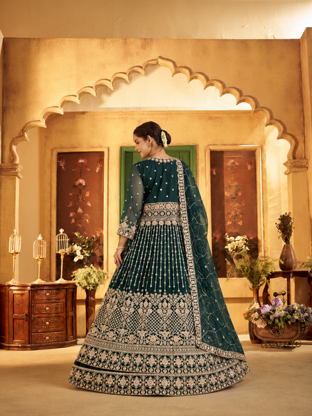 Green Festive Satin Embroidered Lehenga Set