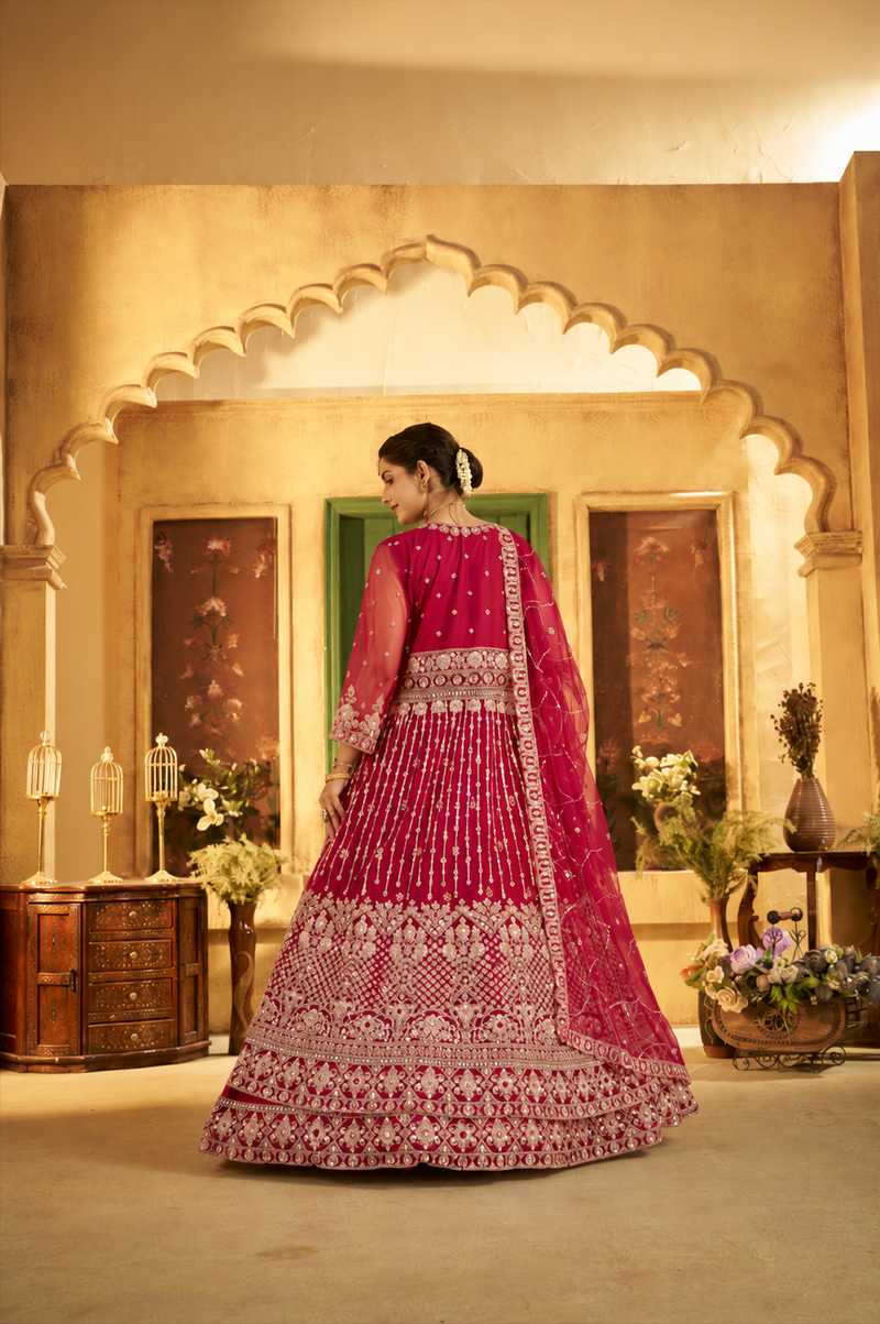 Green Festive Satin Embroidered Lehenga Set