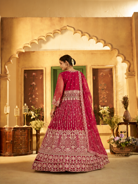 Rani Pink Traditional Sindoor Satin Lehenga Set