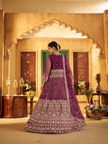 Purple Elegant Sindoor Satin Wedding Lehenga