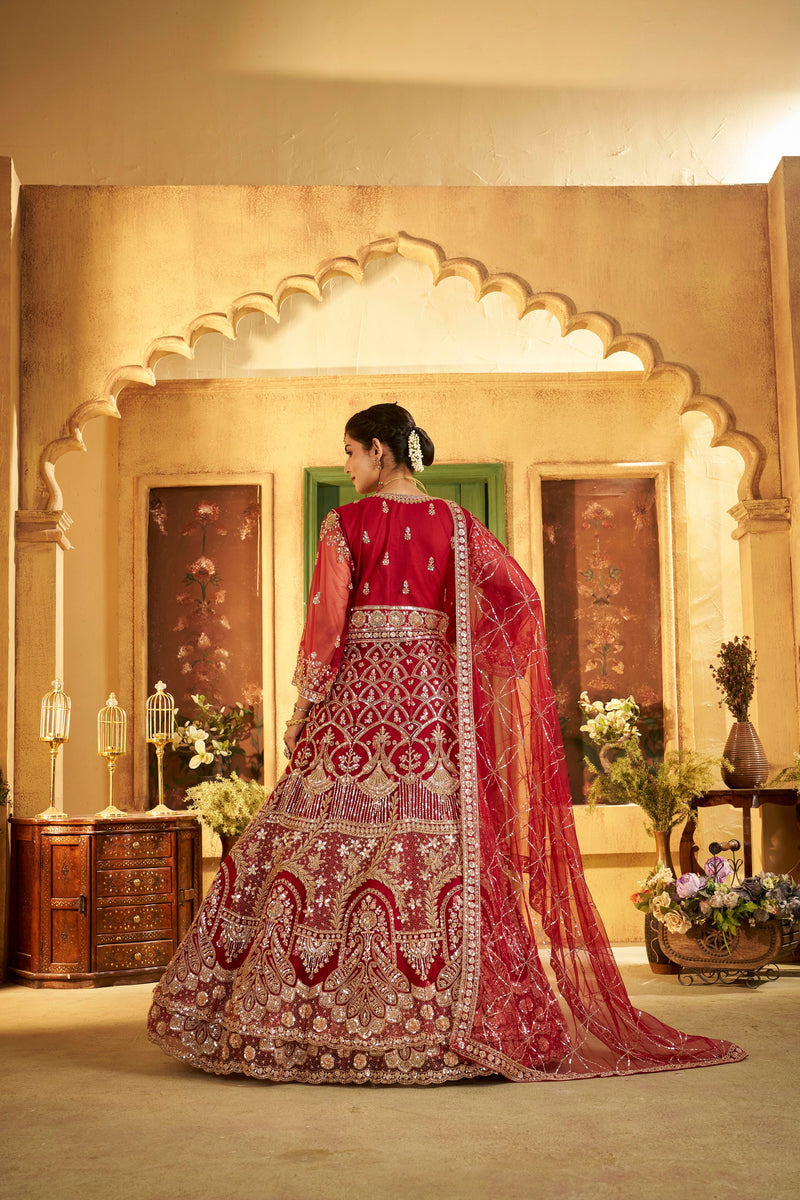 Maroon Sindoor Satin Embroidered Lehenga Set for Women