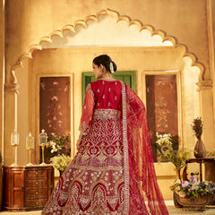 Maroon Sindoor Satin Embroidered Lehenga Set for Women