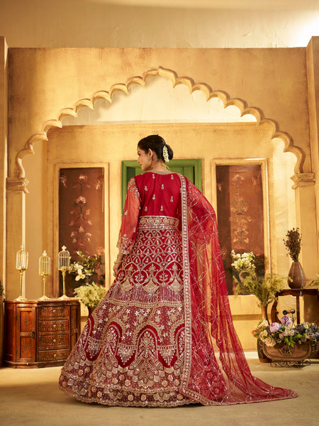 Maroon Sindoor Satin Embroidered Lehenga Set for Women