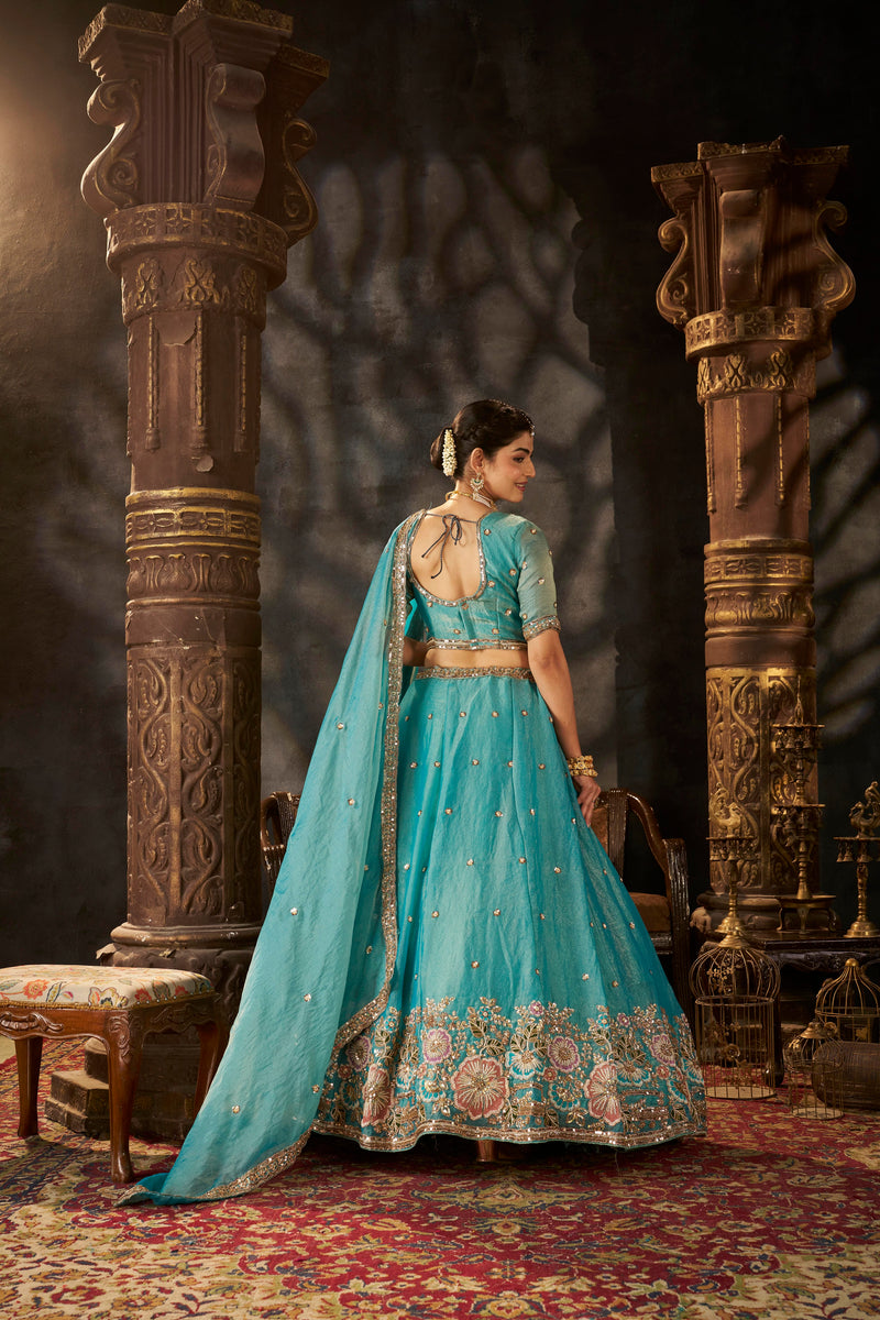 Sea Blue Embroidered Moss Silk Lehenga Choli