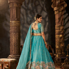 Sea Blue Embroidered Moss Silk Lehenga Choli