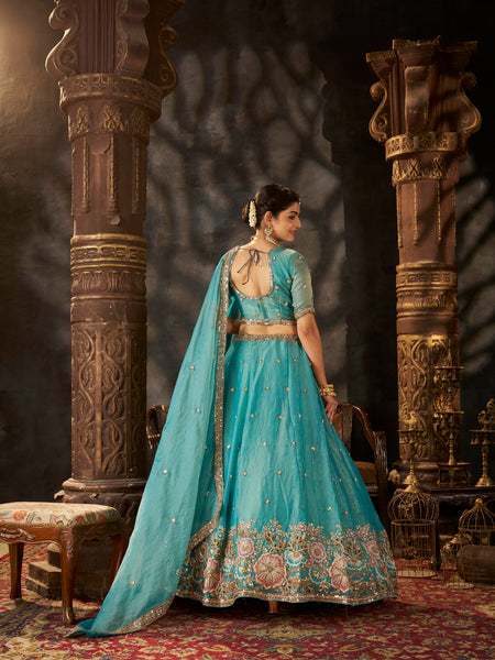 Sea Blue Embroidered Moss Silk Lehenga Choli
