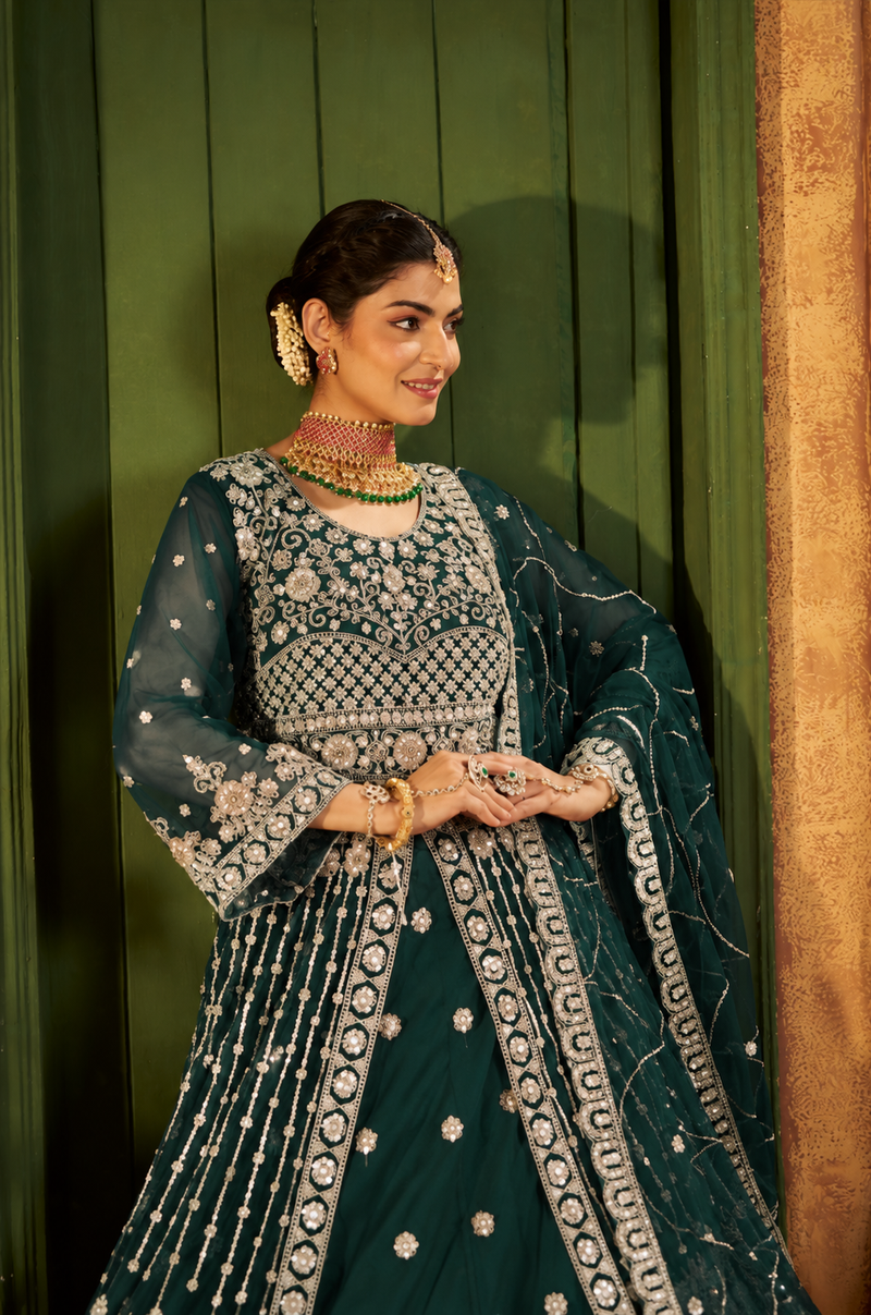 Green Festive Satin Embroidered Lehenga Set
