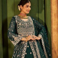 Green Festive Satin Embroidered Lehenga Set