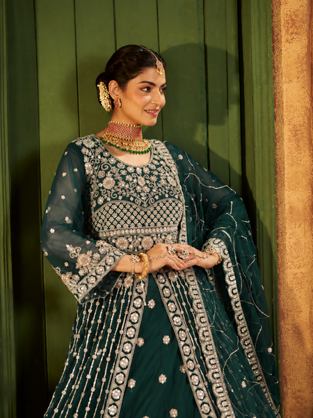 Green Festive Satin Embroidered Lehenga Set
