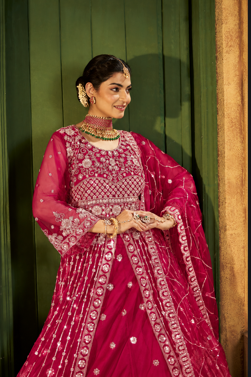 Green Festive Satin Embroidered Lehenga Set