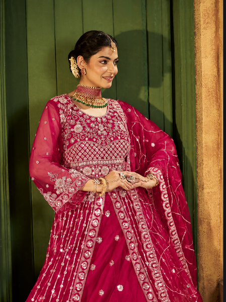 Rani Pink Traditional Sindoor Satin Lehenga Set