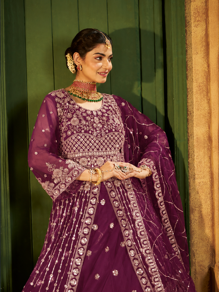 Purple Elegant Sindoor Satin Wedding Lehenga
