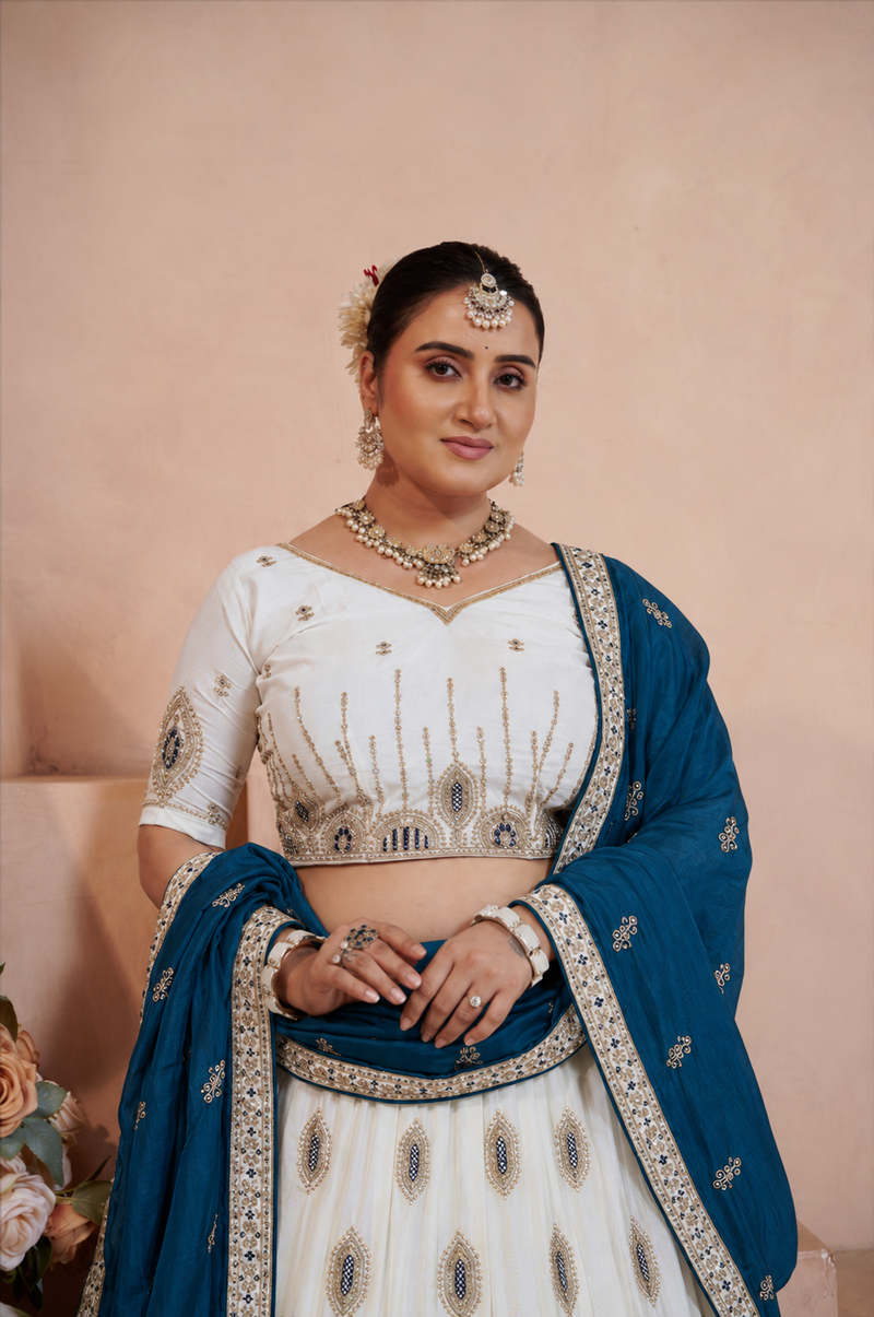 White Vichitra Embroidered Elegant Lehenga Choli