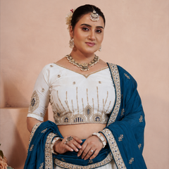 White Vichitra Embroidered Elegant Lehenga Choli