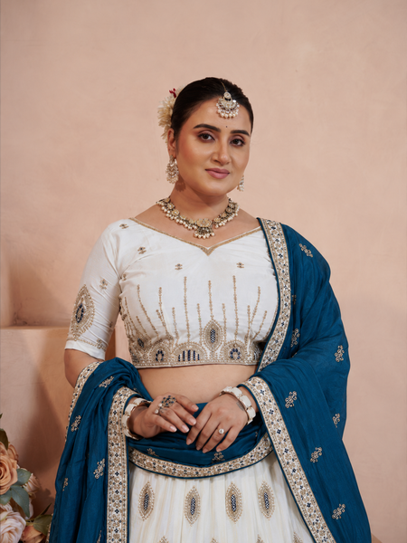 White Vichitra Lehenga Choli with Teal Blue Dupatta