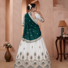 White Vichitra Lehenga with Green Dupatta for Festive Wear
