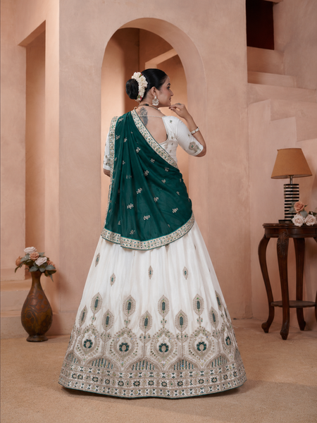 White Vichitra Lehenga with Green Dupatta for Festive Wear