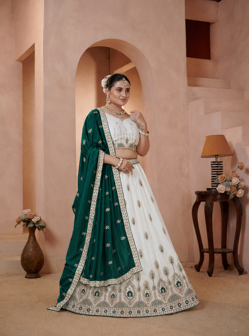 White Vichitra Embroidered Elegant Lehenga Choli