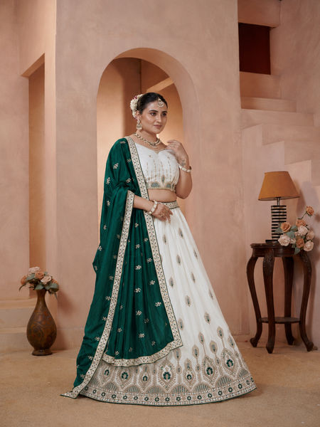 White Vichitra Lehenga with Green Dupatta for Festive Wear