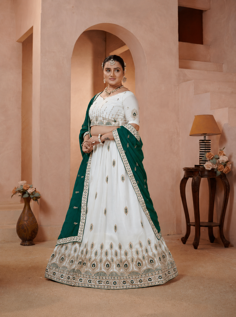 White Vichitra Lehenga with Green Dupatta for Festive Wear