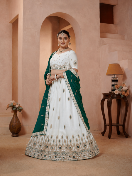 White Vichitra Lehenga with Green Dupatta for Festive Wear