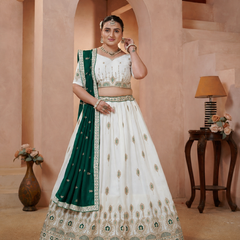 White Vichitra Lehenga with Green Dupatta for Festive Wear