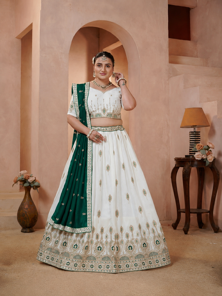 White Vichitra Lehenga with Green Dupatta for Festive Wear