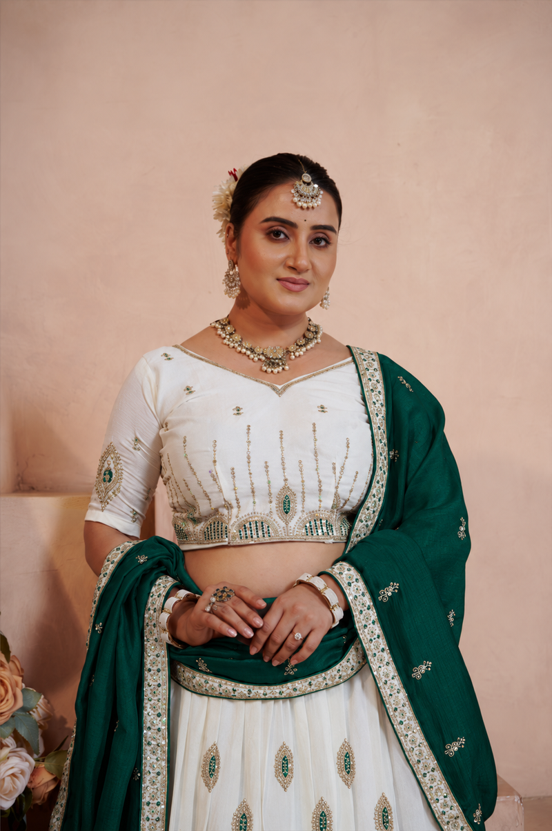White Vichitra Lehenga with Green Dupatta for Festive Wear