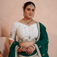 White Vichitra Lehenga with Green Dupatta for Festive Wear
