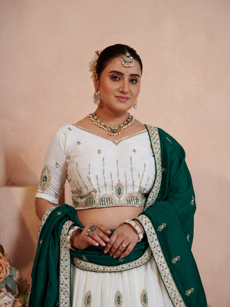 White Vichitra Lehenga with Green Dupatta for Festive Wear