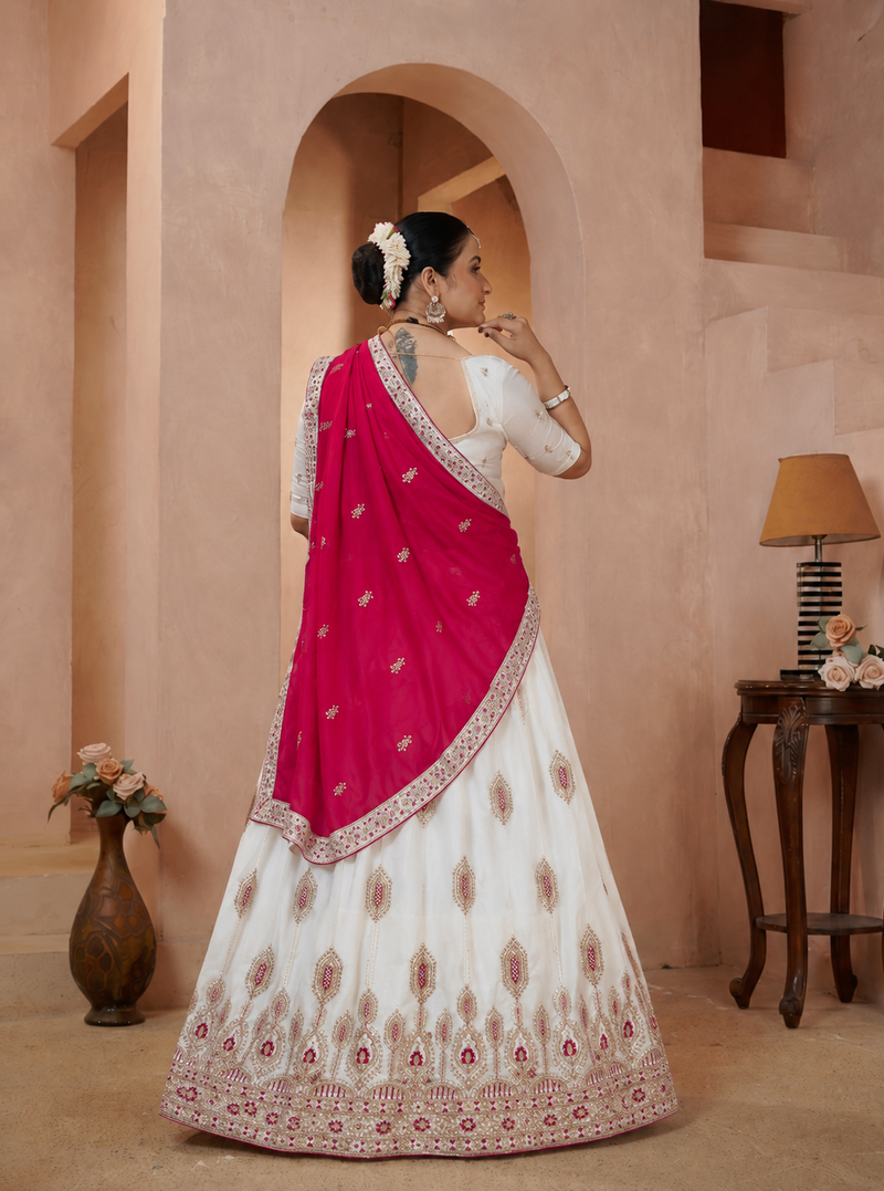White Vichitra Embroidered Elegant Lehenga Choli
