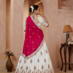 White Vichitra Embroidered Elegant Lehenga Choli