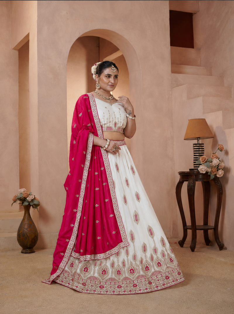 White Vichitra Embroidered Elegant Lehenga Choli