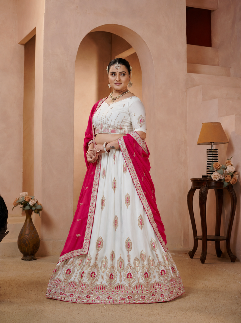 White Vichitra Embroidered Elegant Lehenga Choli