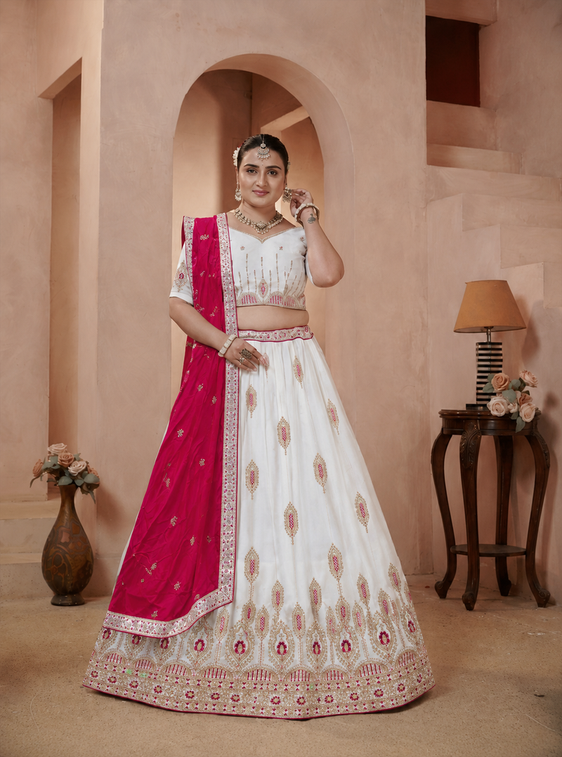 White Vichitra Embroidered Elegant Lehenga Choli