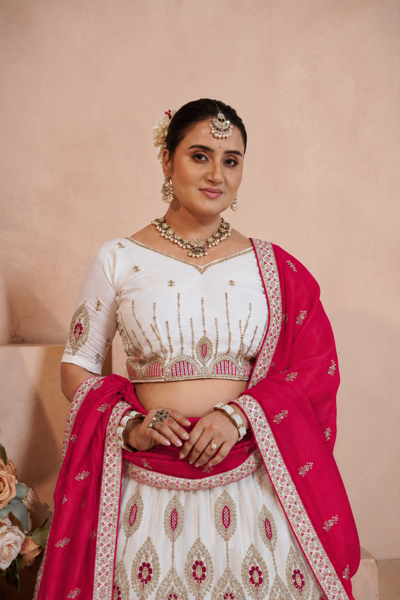 White Vichitra Embroidered Elegant Lehenga Choli