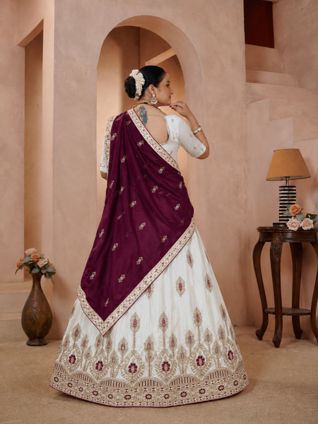 White Vichitra Embroidered Lehenga with Wine Dupatta