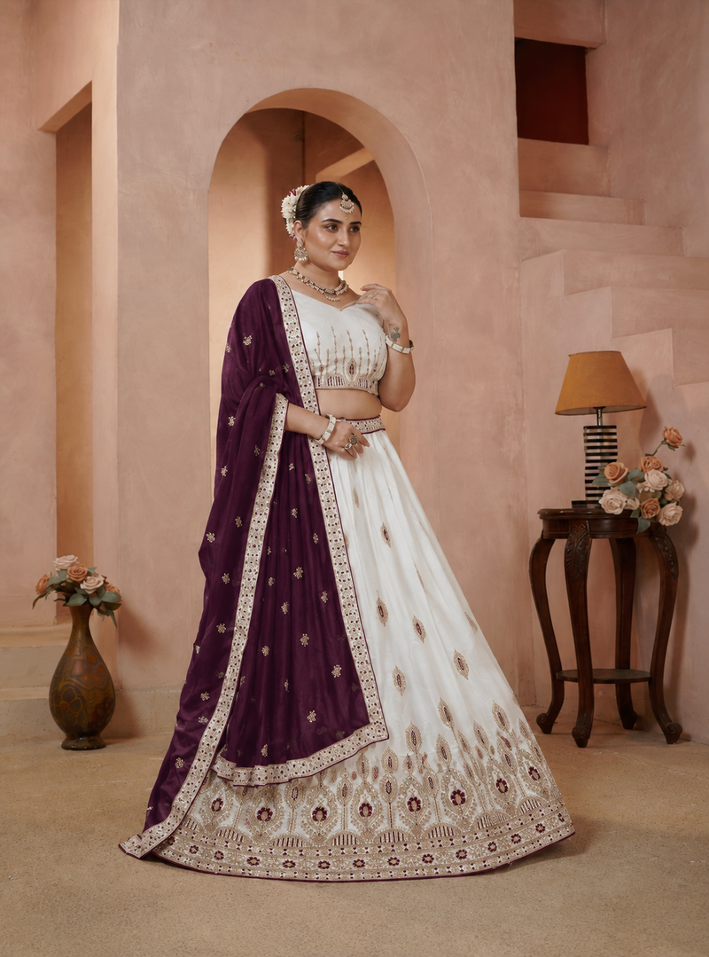 White Vichitra Embroidered Elegant Lehenga Choli