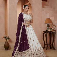 White Vichitra Embroidered Elegant Lehenga Choli